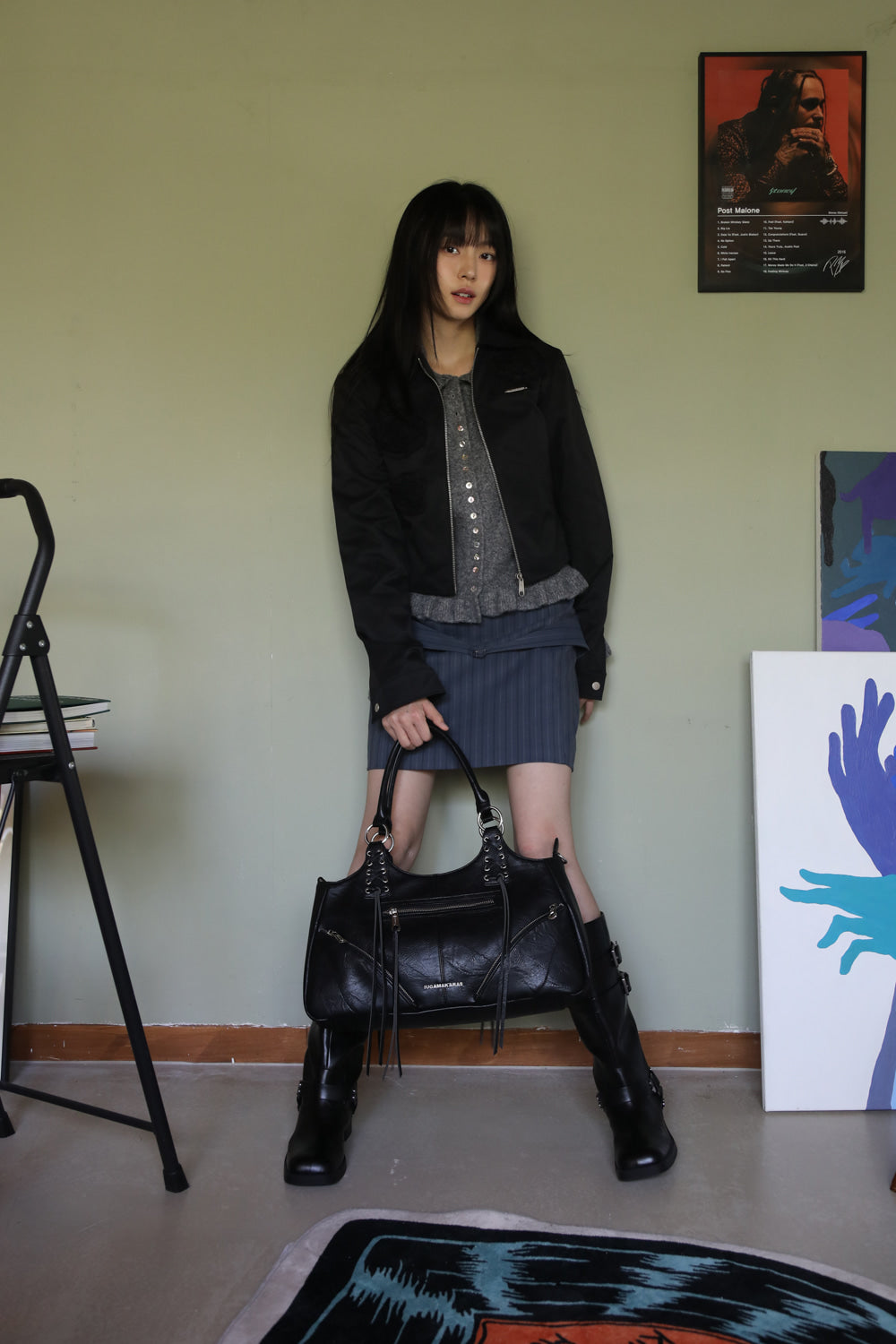 IUGA - Eyelet Leather Fringe Bag (Black)