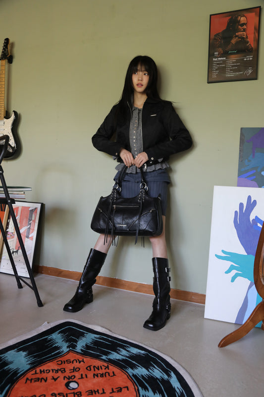 IUGA - Eyelet Leather Fringe Bag (Black)