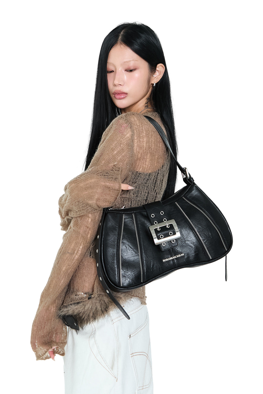 IUGA - Zippered Buckle Hobo Bag (Black)