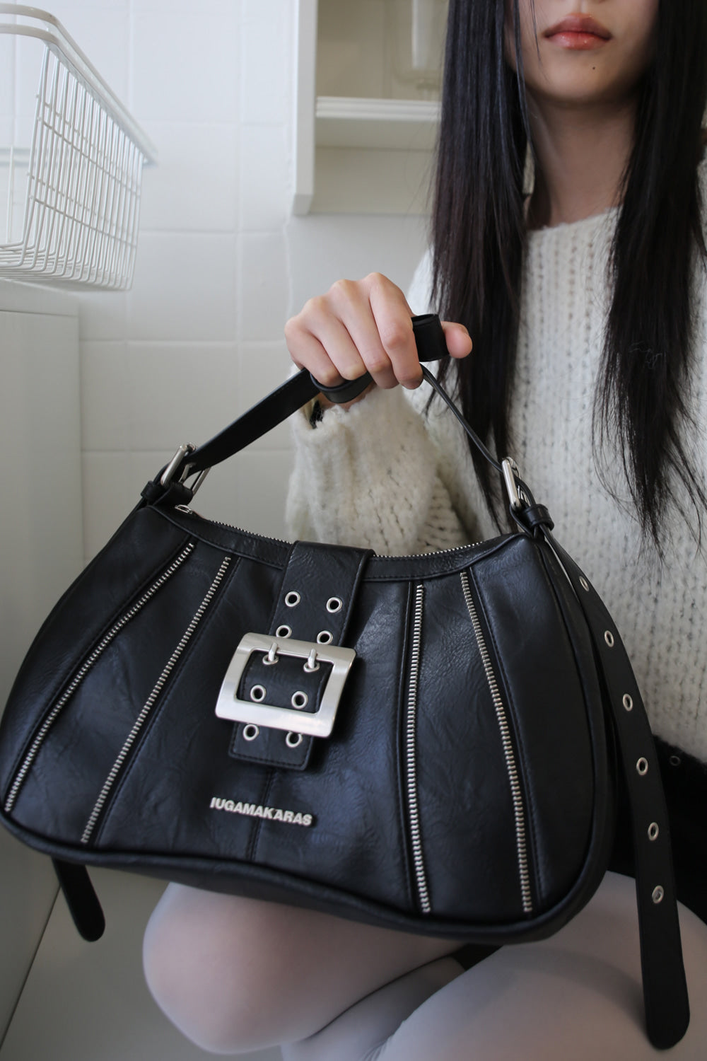 IUGA - Zippered Buckle Hobo Bag (Black)