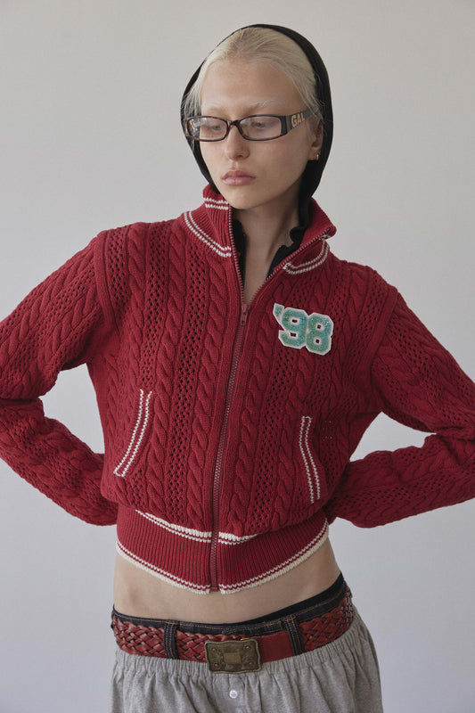 Sculptorpage - Knitted Cable Track Zip-Up Red/Ivory