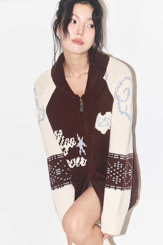 illigo - [Pre-order delivery on 09/25] Angel Ring Cowichan Knit Zip-up Brown