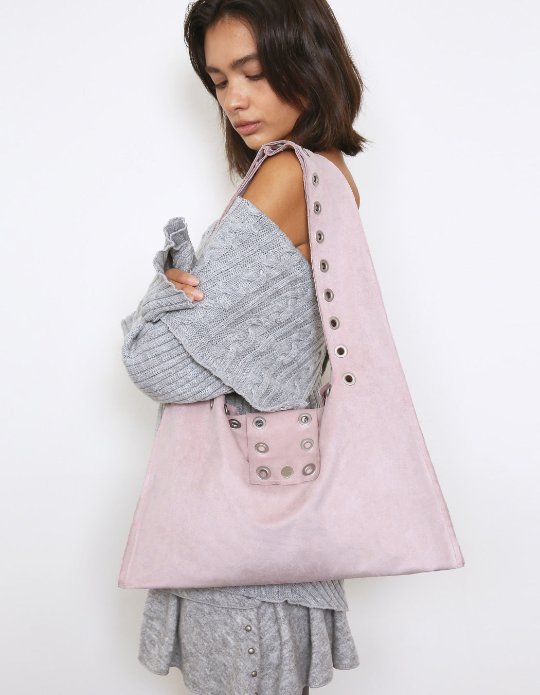 Polysooem - EYELET SUEDE SHOULDER BAG, PINK