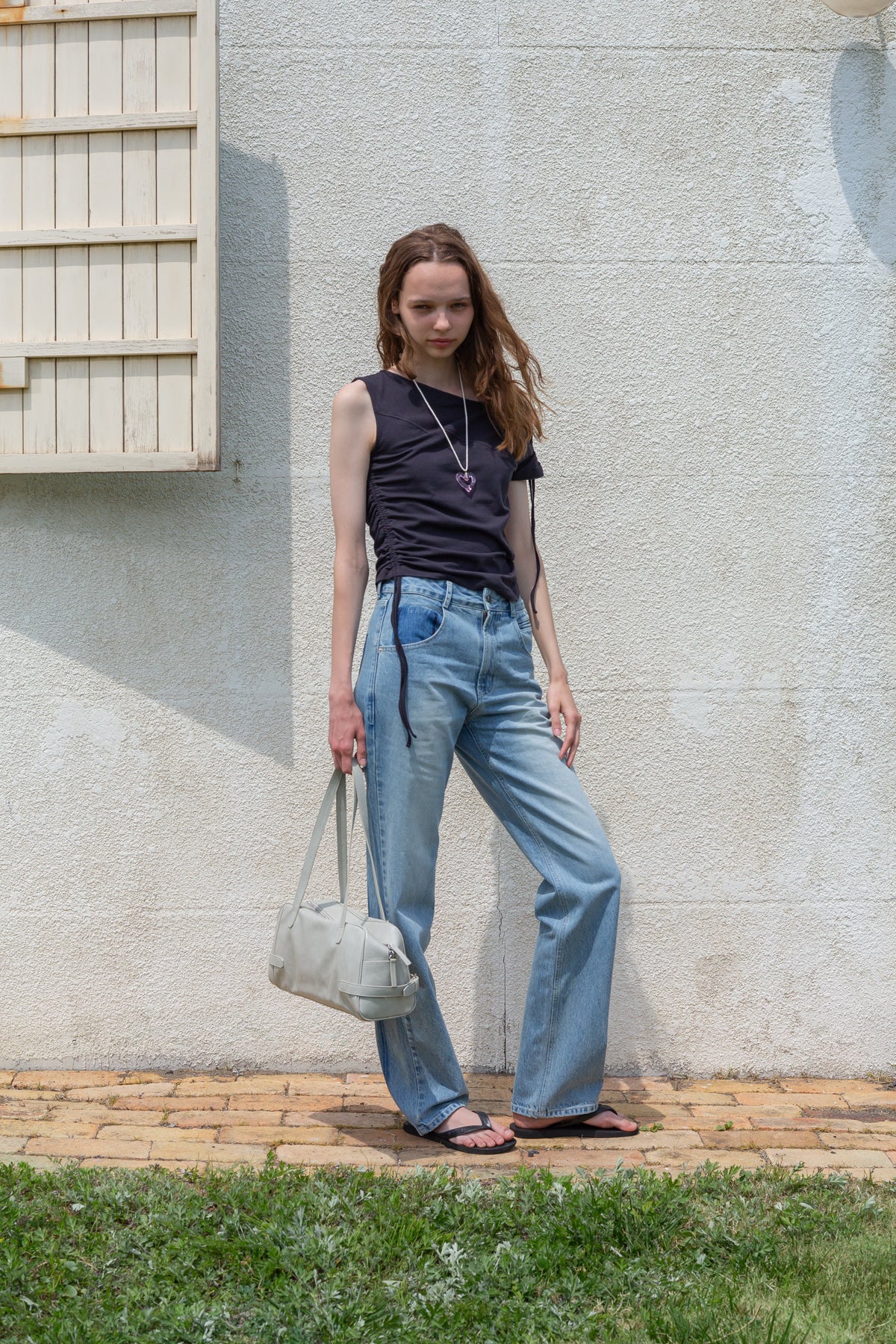 Matin Kim - STRING OFF SHOULDER SLIM TOP IN CHARCOAL