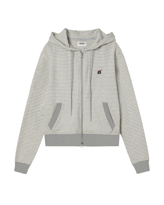 aeae-STRIPE SMALL LETTER HOOD ZIP UP  [ MELANGE GREY / BLACK / KHAKI ]