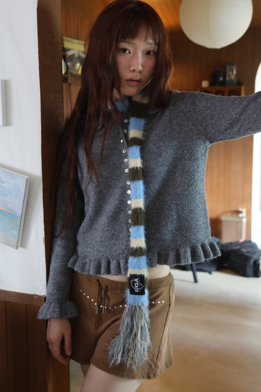 IUGA - Striped Hairy Skinny Muffler (Sky Blue)