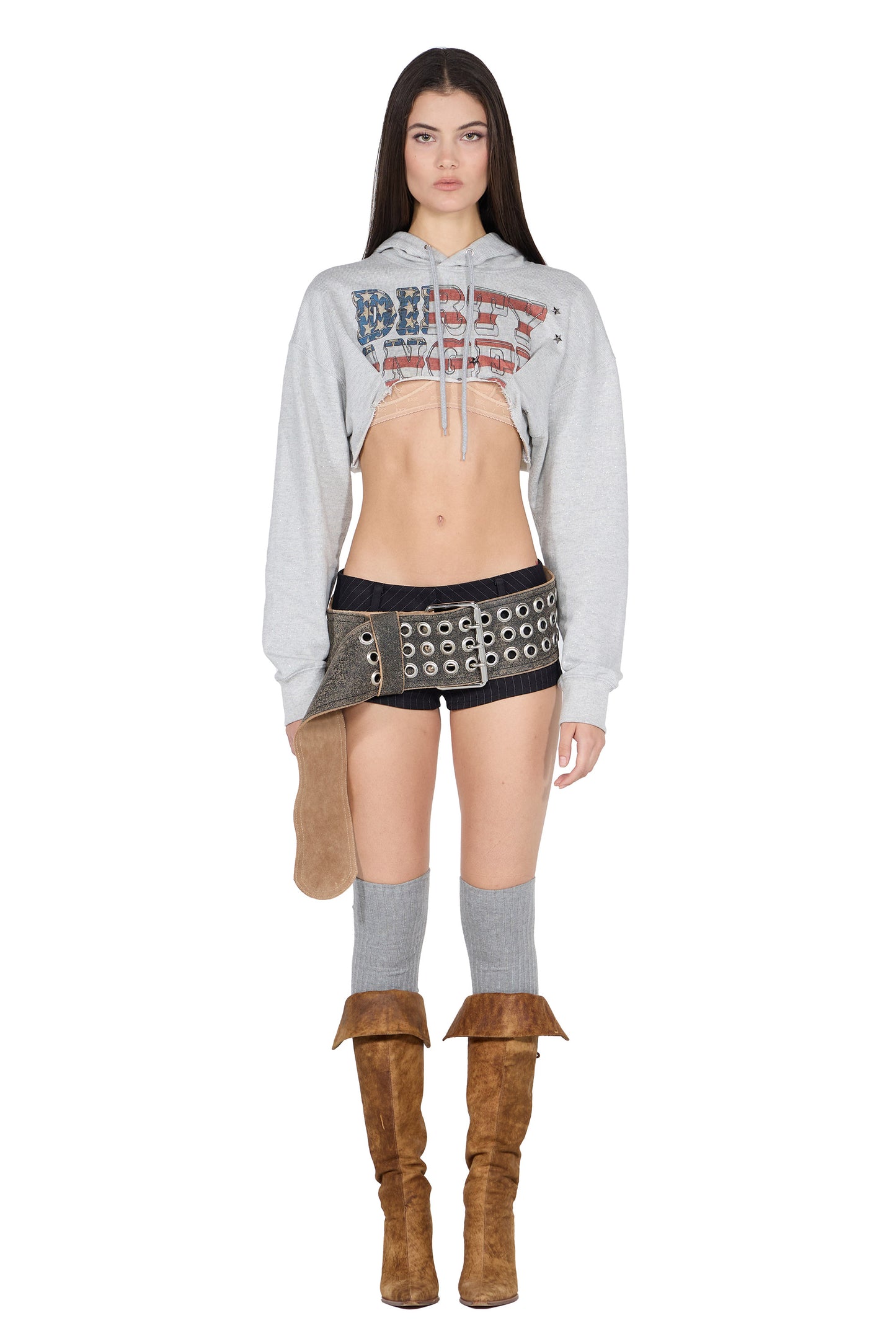 Glitter Flag Crop Hoodie Melange Gray