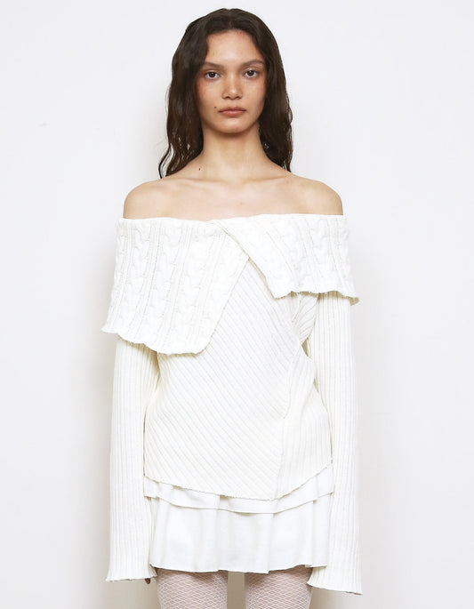 Polysooem - CHUNKY CABLE OFF-SHOULDER SWEATER, CREAM