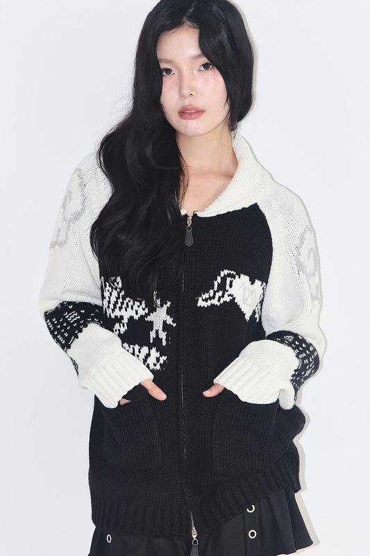 illigo - [Pre-order delivery on 09/25] Angel Ring Cowichan Knit Zip-up Black