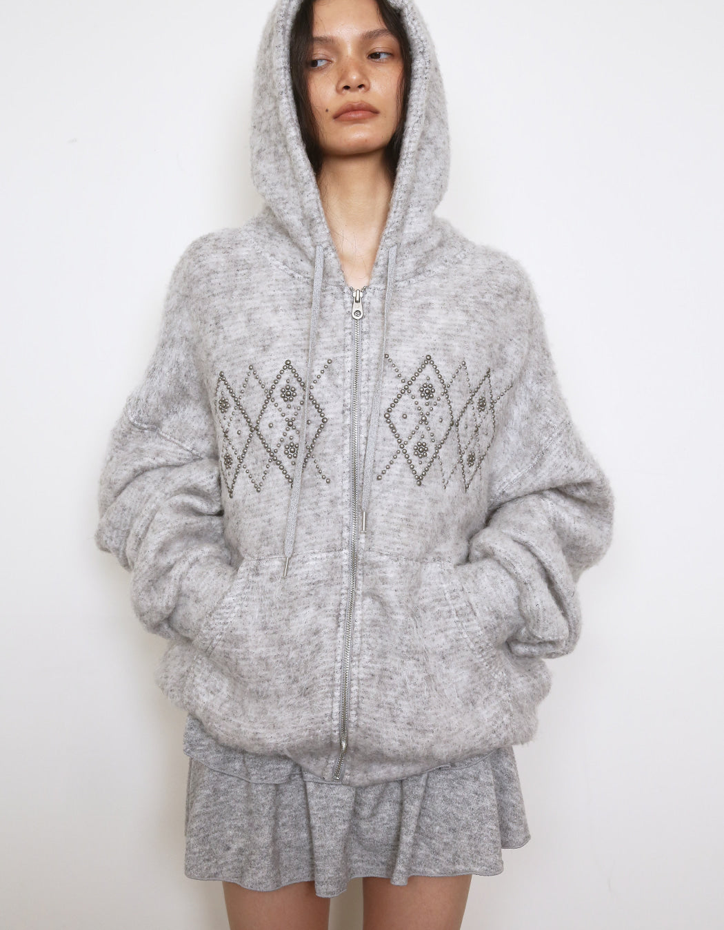 Polysooem -  FLUFFY ARGYLE STUDDED HOODIE_ONZI EDITION, GREY