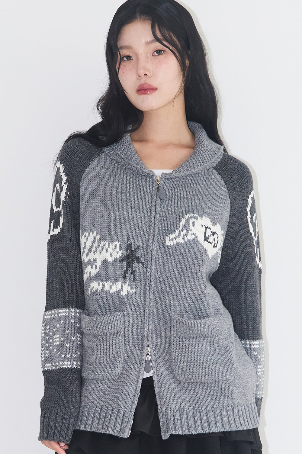 illigo - [Pre-order delivery on 09/25] Angel Ring Cowichan Knit Zip-up Gray