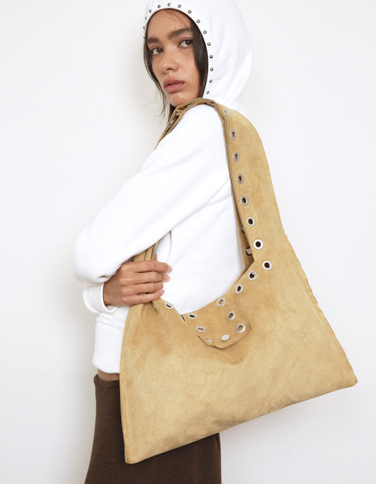 Polysooem - EYELET SUEDE SHOULDER BAG, YELLOWISH BROWN