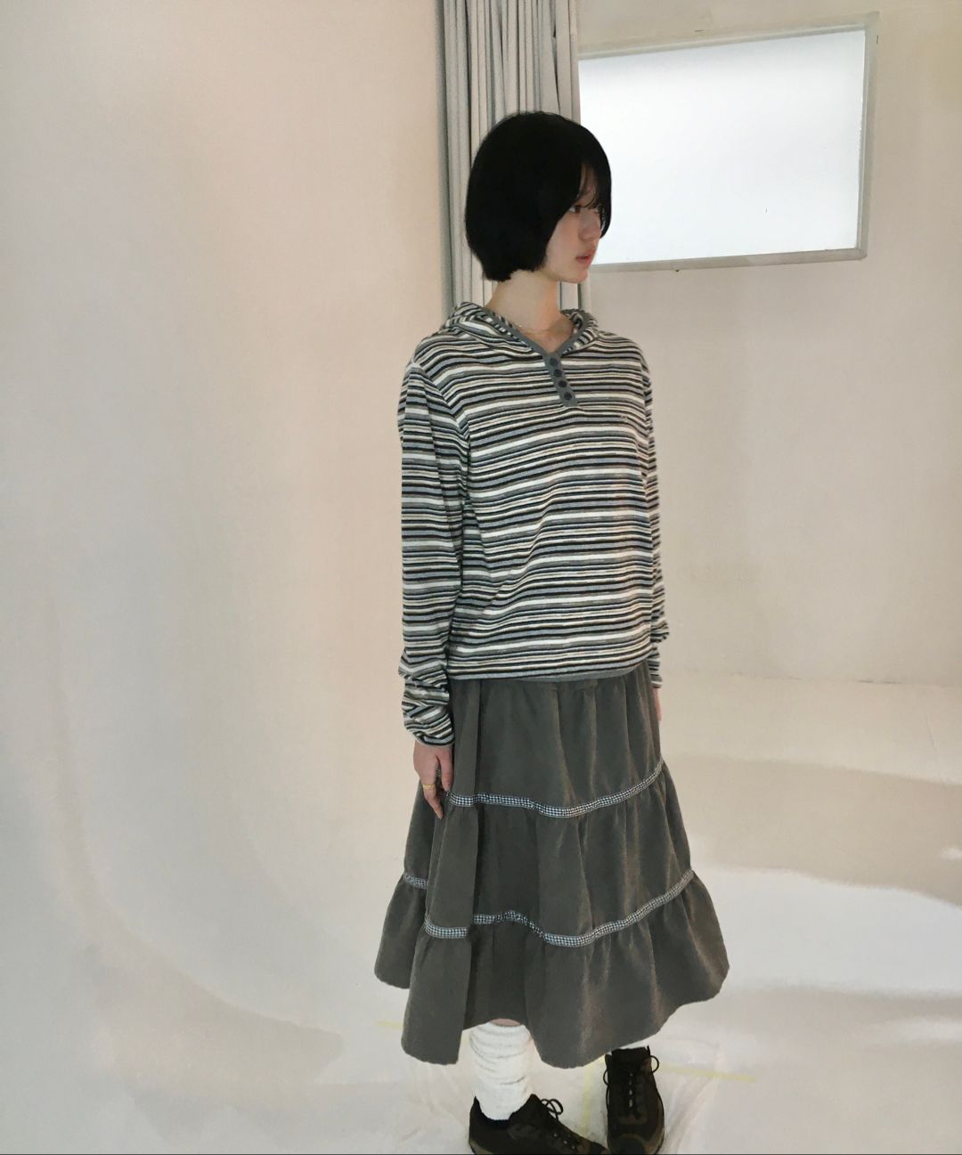 aeae -  STRIPE KNIT HOODIE [BEIGE]