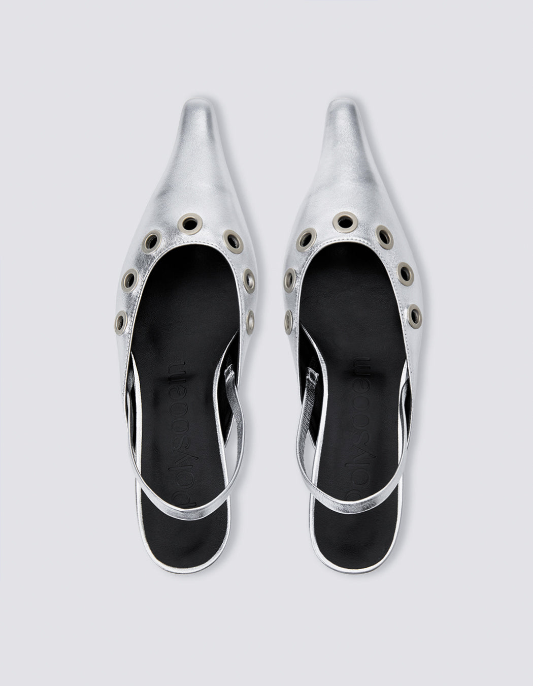 Polysooem - POINTED EYELET SLINGBACK HEELS, SILVER