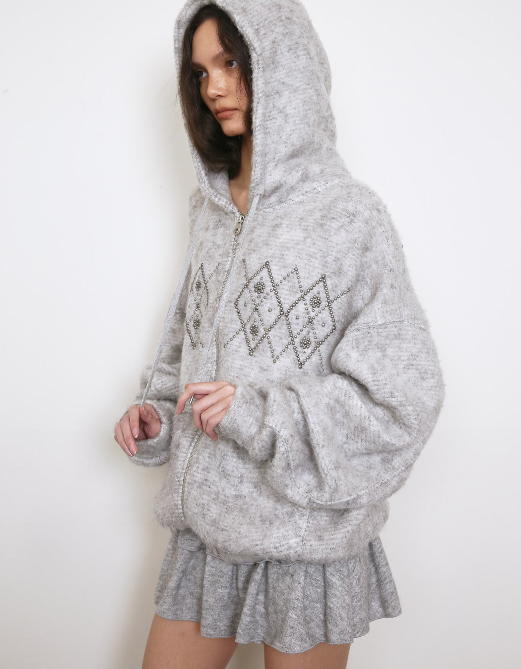 Polysooem -  FLUFFY ARGYLE STUDDED HOODIE_ONZI EDITION, GREY