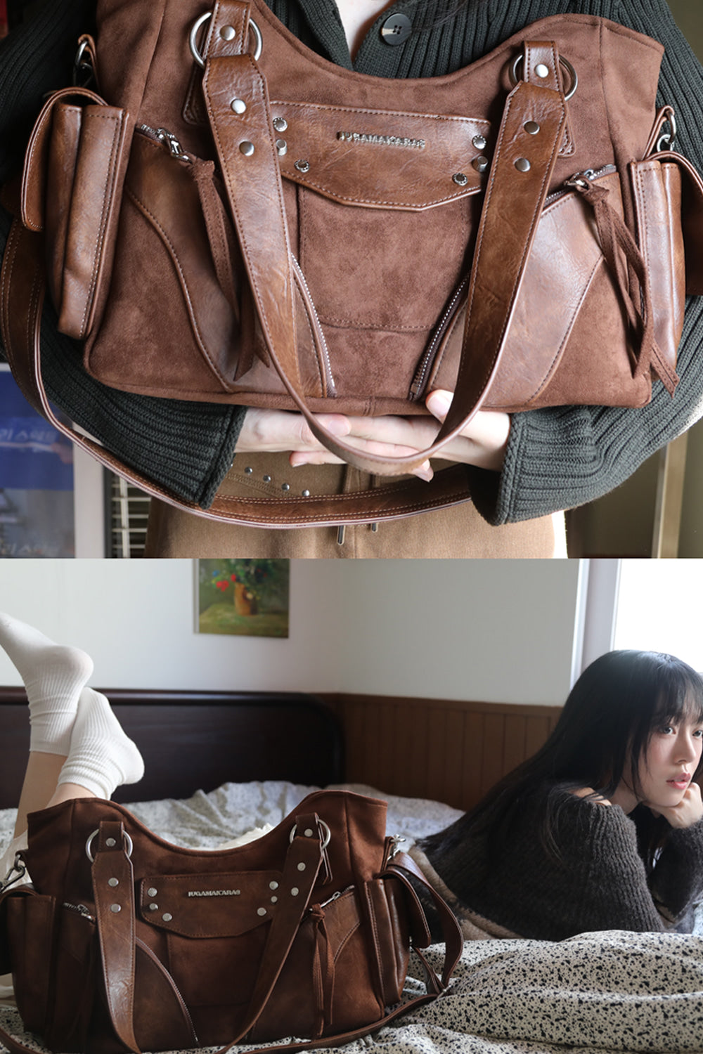 IUGA - Studded Suede Shoulder Bag (Brown)
