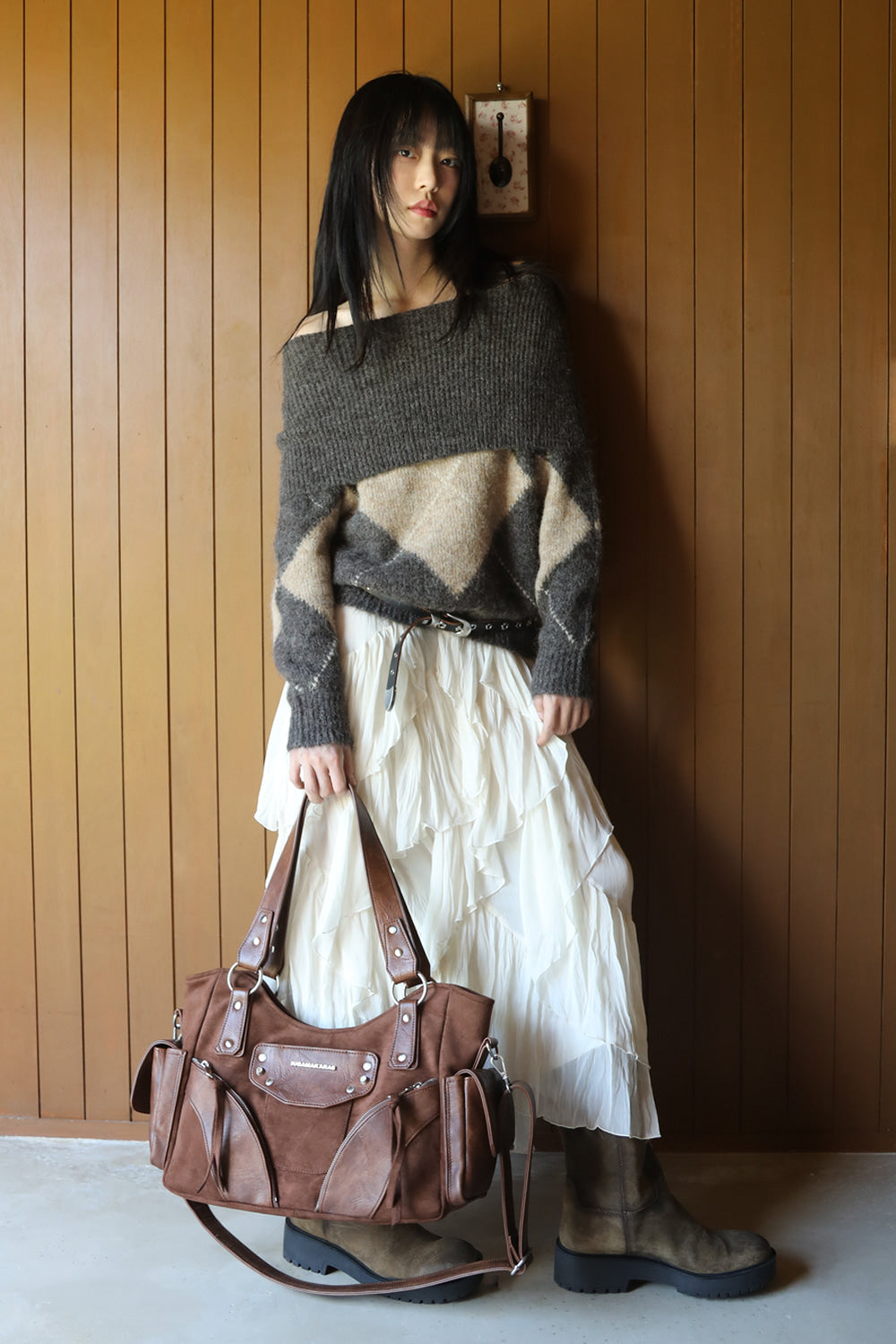 IUGA - Studded Suede Shoulder Bag (Brown)