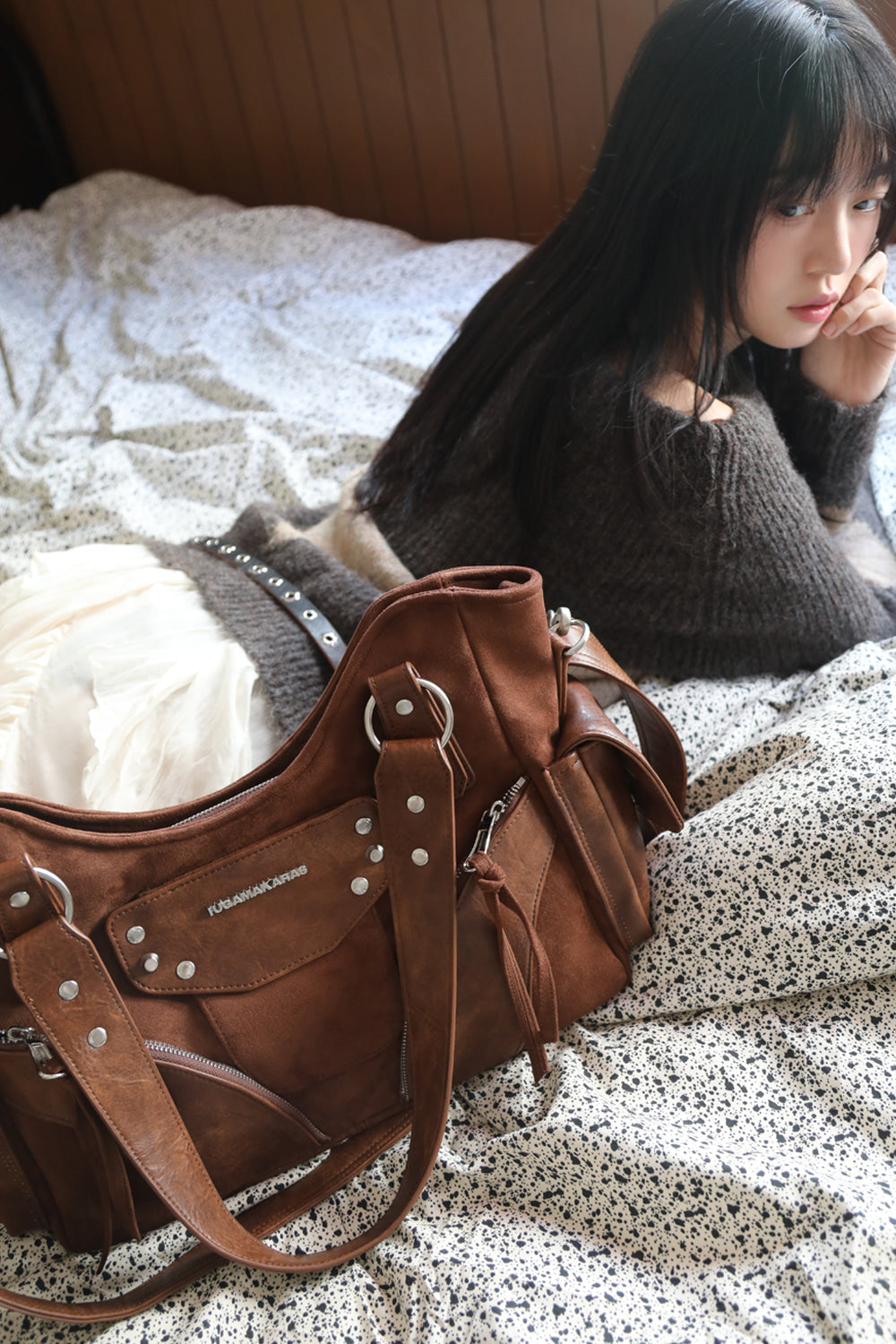 IUGA - Studded Suede Shoulder Bag (Brown)