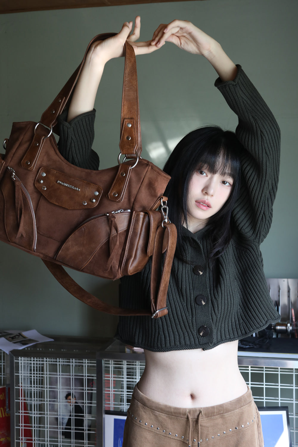 IUGA - Studded Suede Shoulder Bag (Brown)