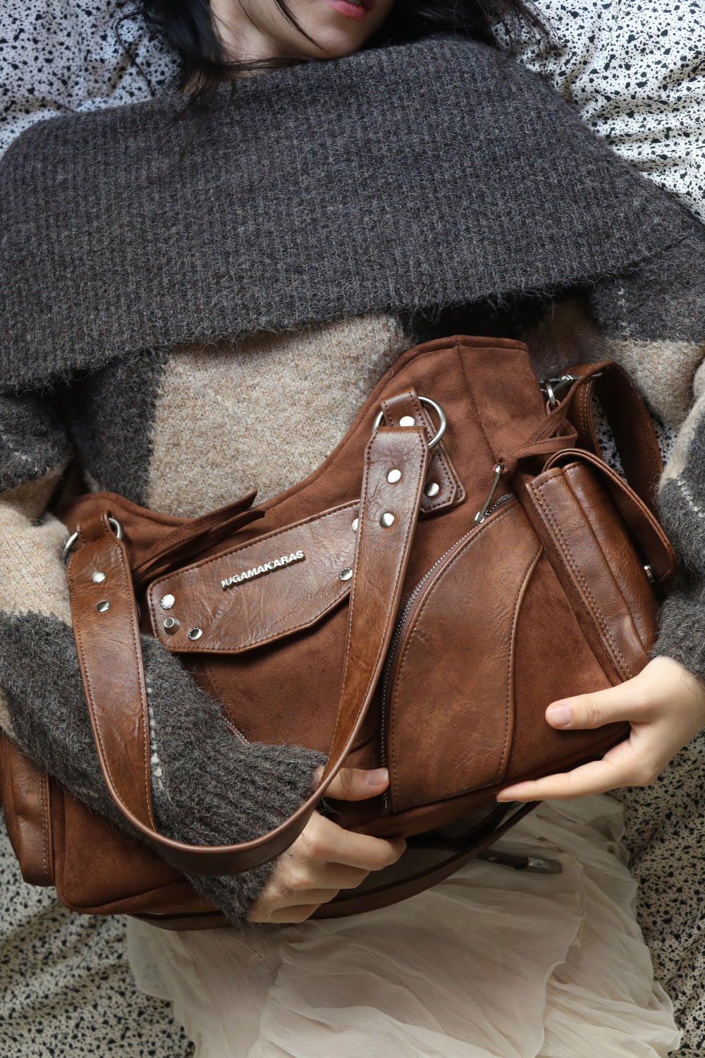 IUGA - Studded Suede Shoulder Bag (Brown)