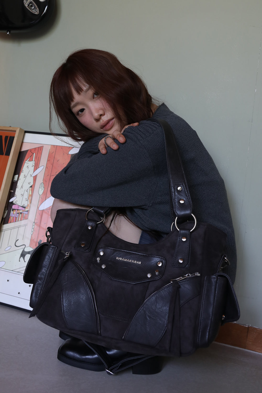 IUGA - Studded Suede Shoulder Bag (Charcoal)