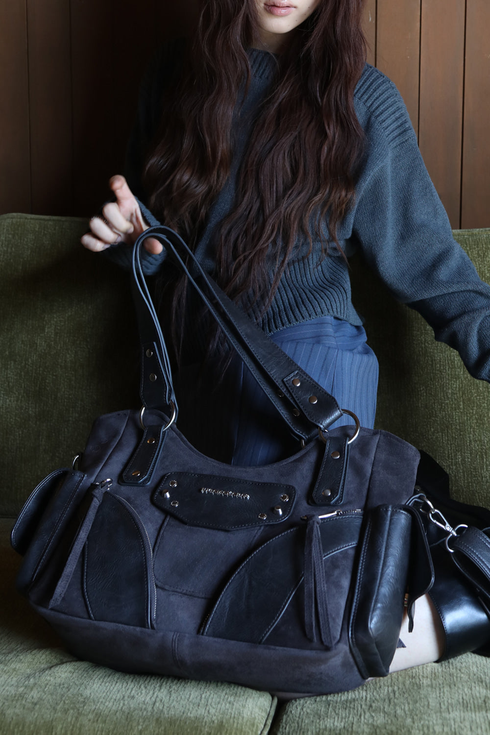 IUGA - Studded Suede Shoulder Bag (Charcoal)