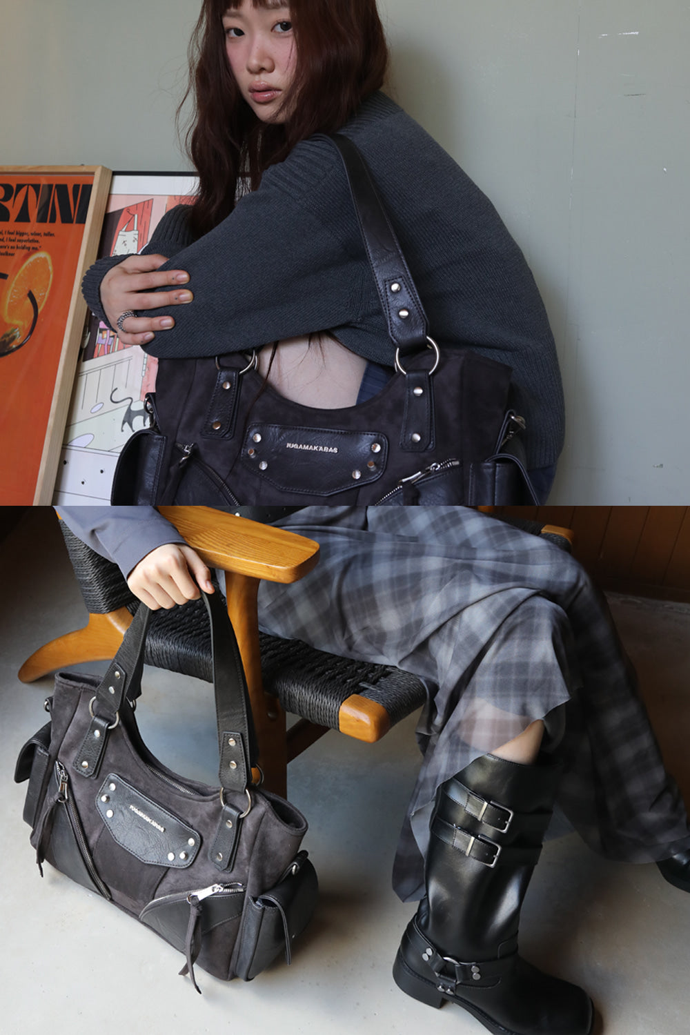 IUGA - Studded Suede Shoulder Bag (Charcoal)