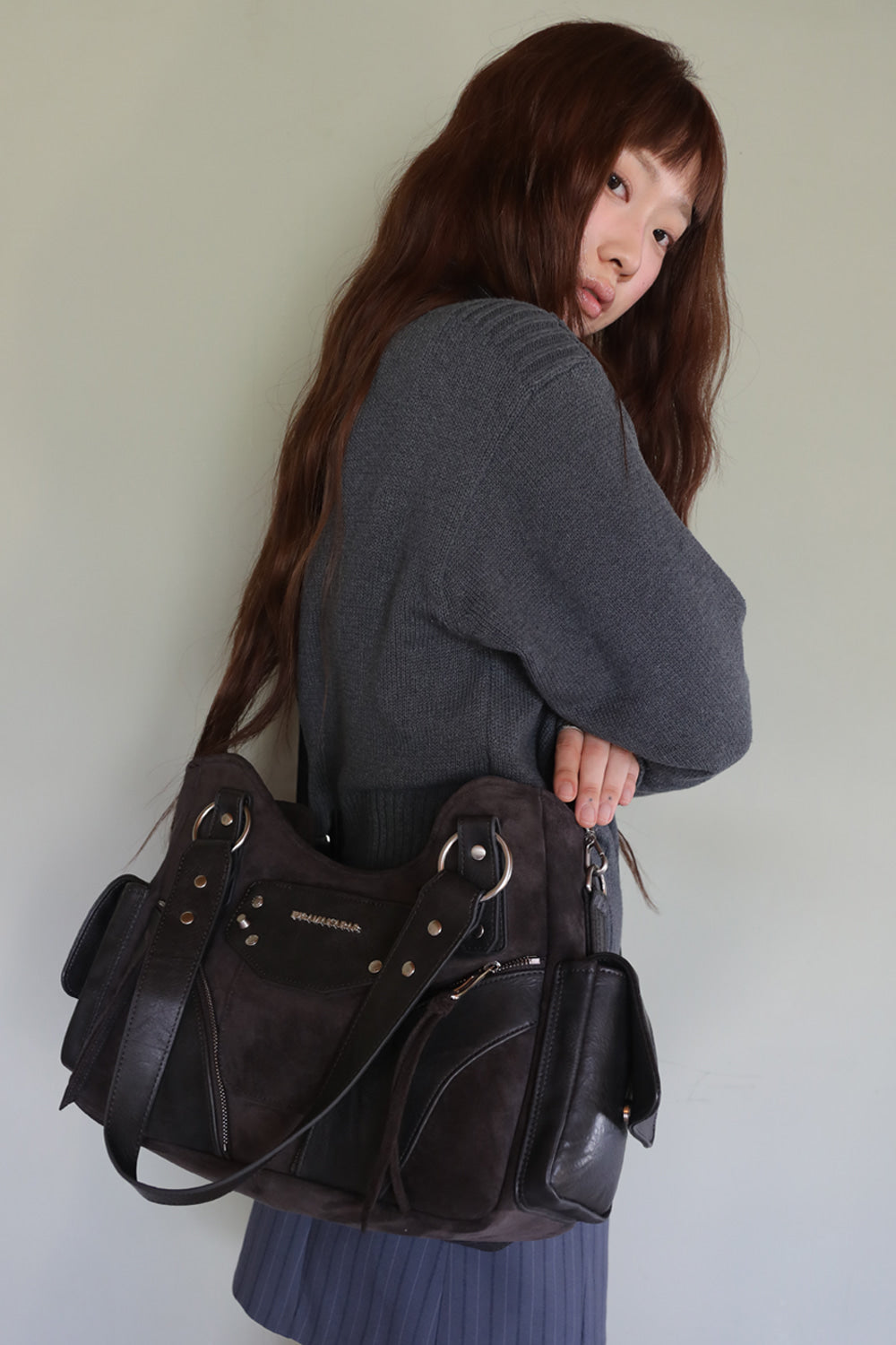 IUGA - Studded Suede Shoulder Bag (Charcoal)