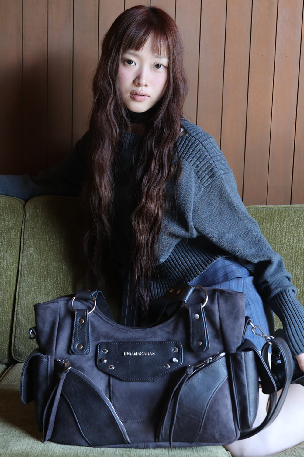 IUGA - Studded Suede Shoulder Bag (Charcoal)