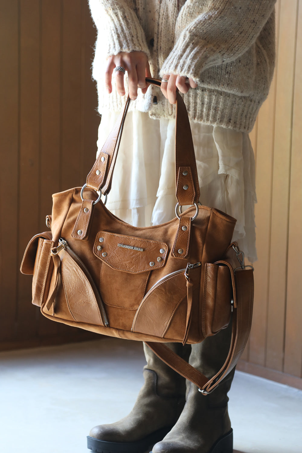 IUGA - Studded Suede Shoulder Bag (Camel)