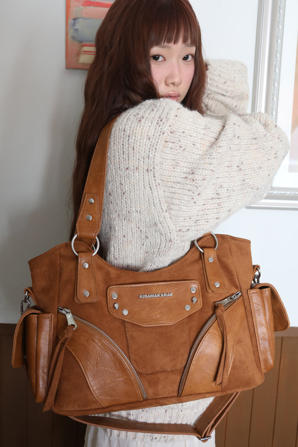 IUGA - Studded Suede Shoulder Bag (Camel)
