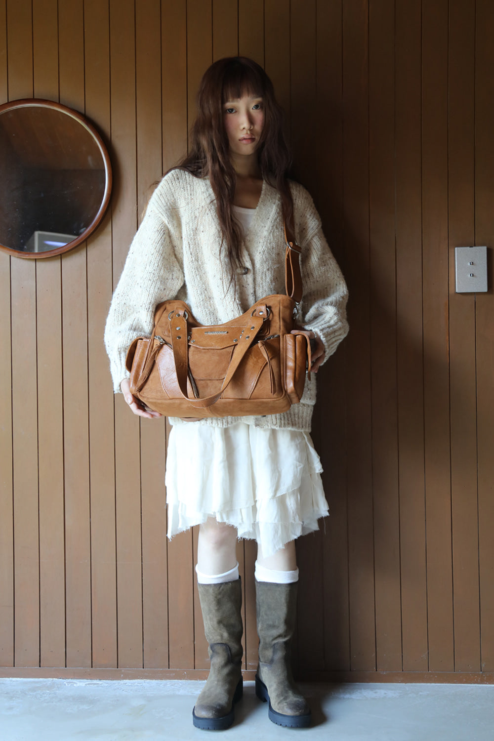 IUGA - Studded Suede Shoulder Bag (Camel)