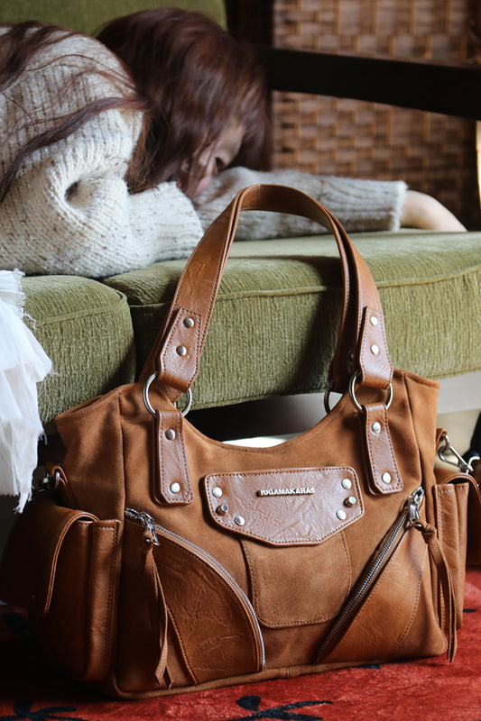 IUGA - Studded Suede Shoulder Bag (Camel)