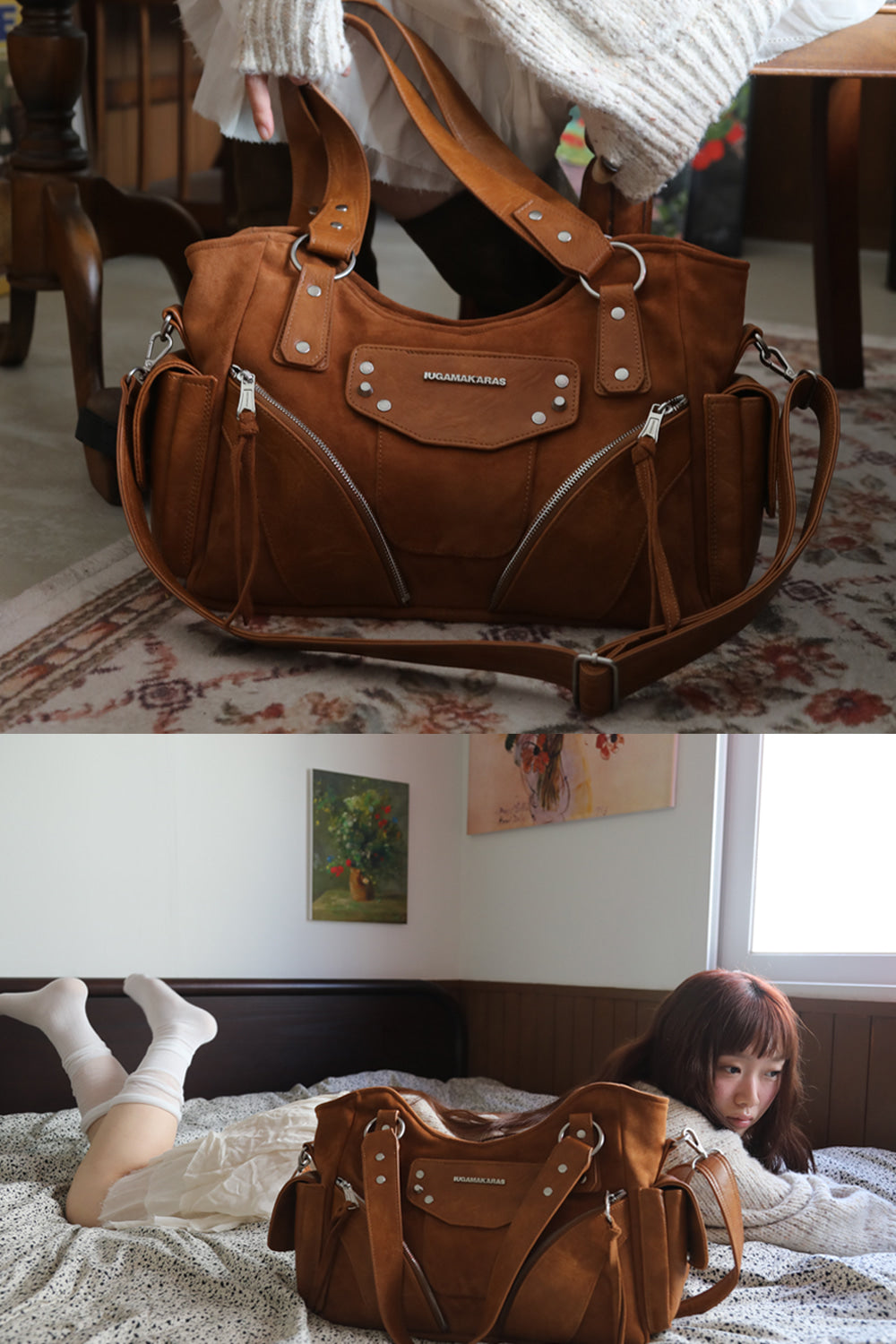 IUGA - Studded Suede Shoulder Bag (Camel)