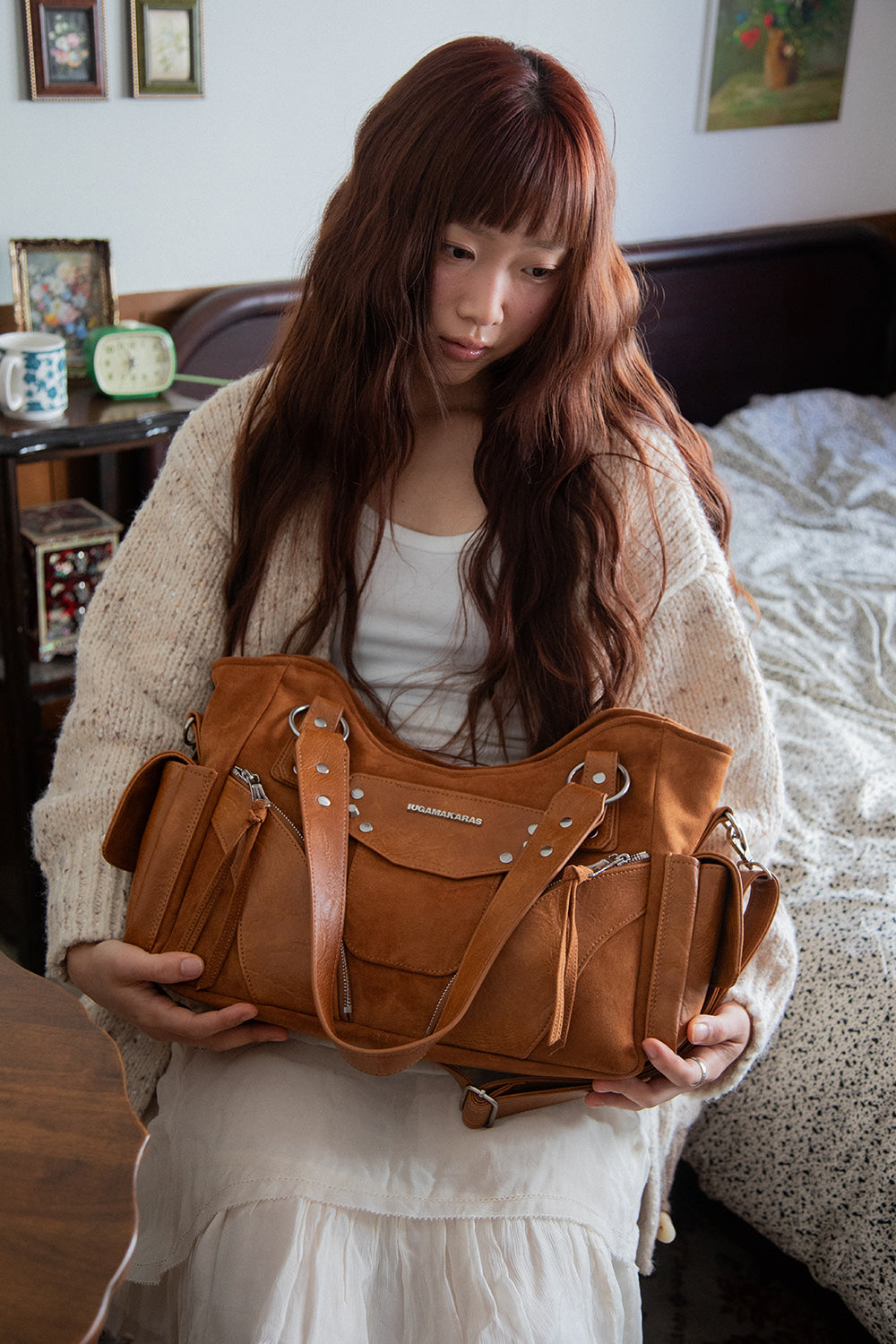 IUGA - Studded Suede Shoulder Bag (Camel)