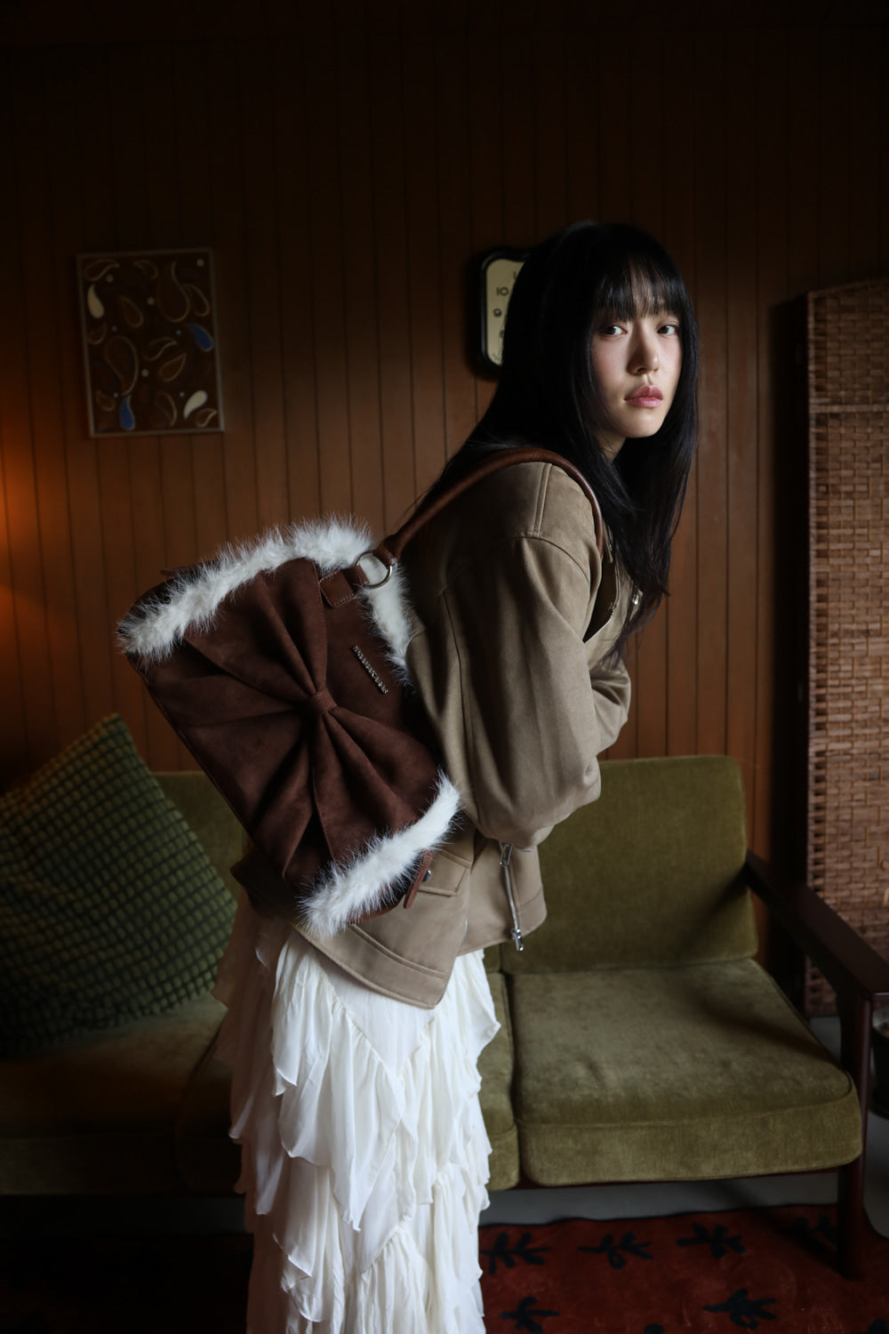 IUGA - Ribbon Fur Suede Shoulder Bag (Brown)