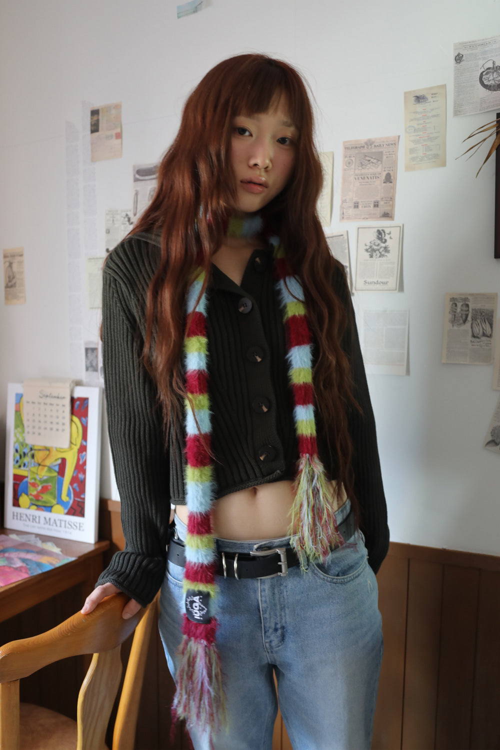 IUGA - Striped Hairy Skinny Muffler (Burgundy)