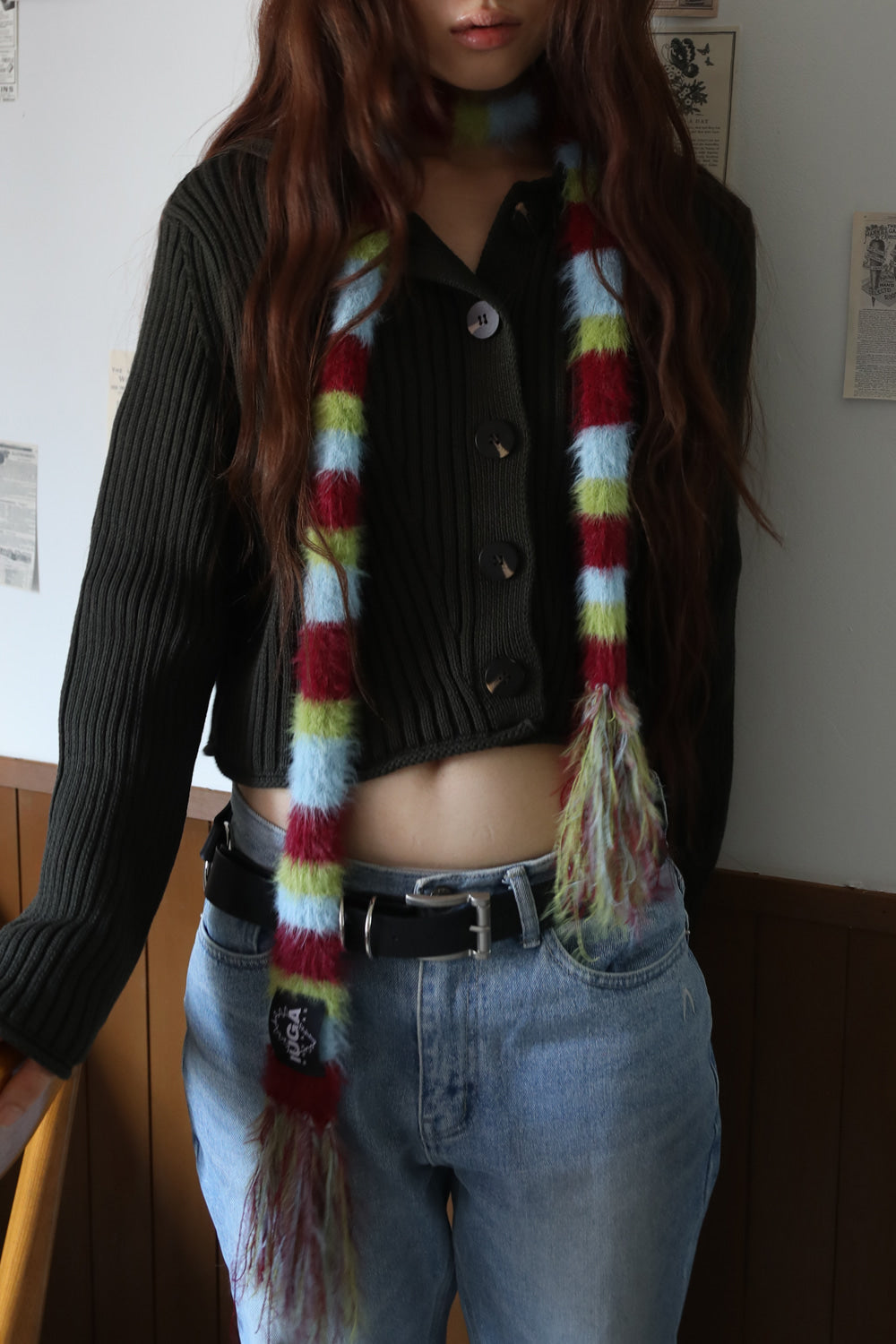 IUGA - Striped Hairy Skinny Muffler (Burgundy)