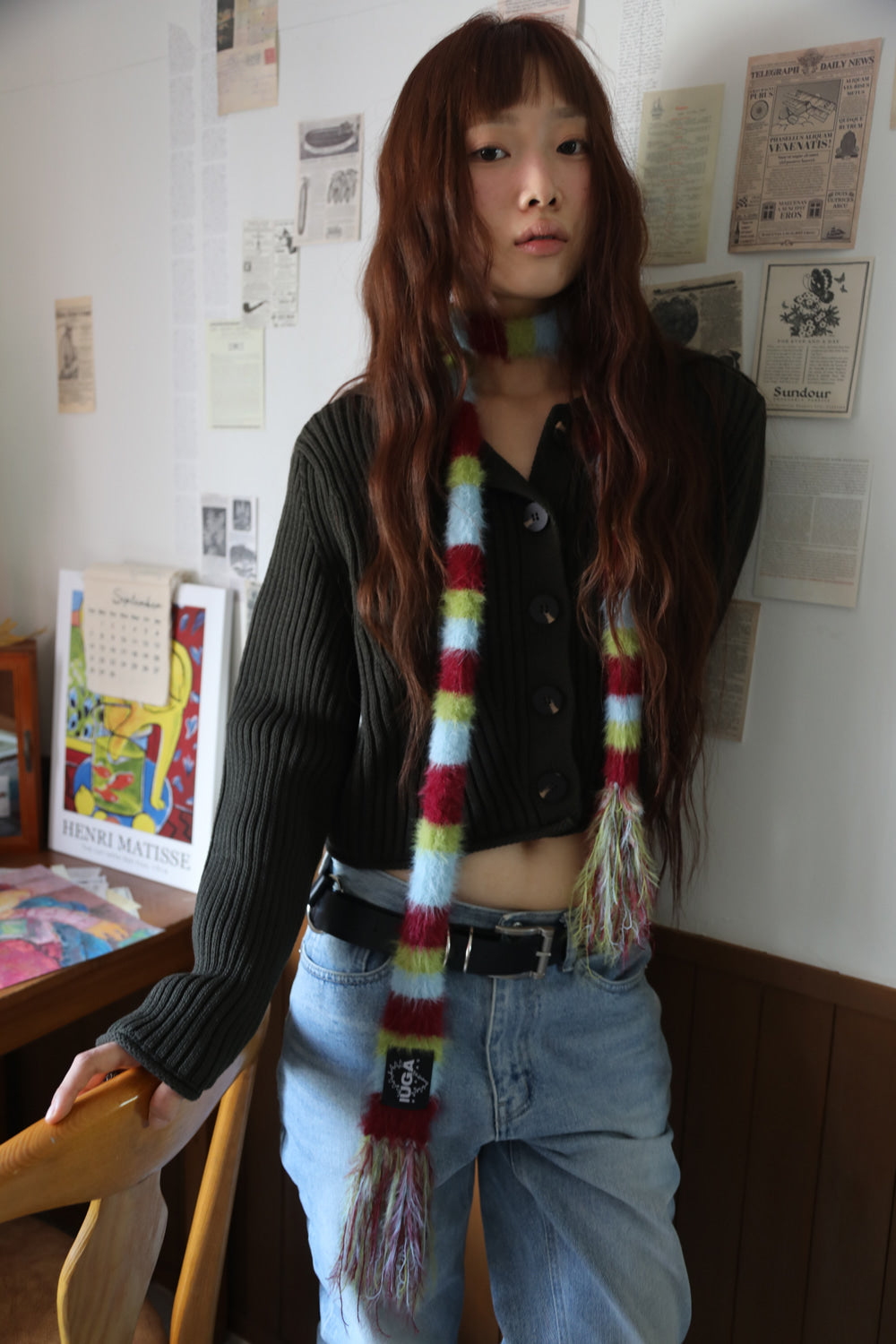 IUGA - Striped Hairy Skinny Muffler (Burgundy)