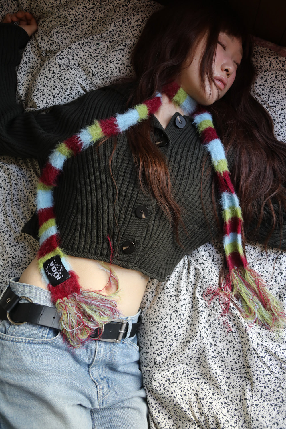 IUGA - Striped Hairy Skinny Muffler (Burgundy)