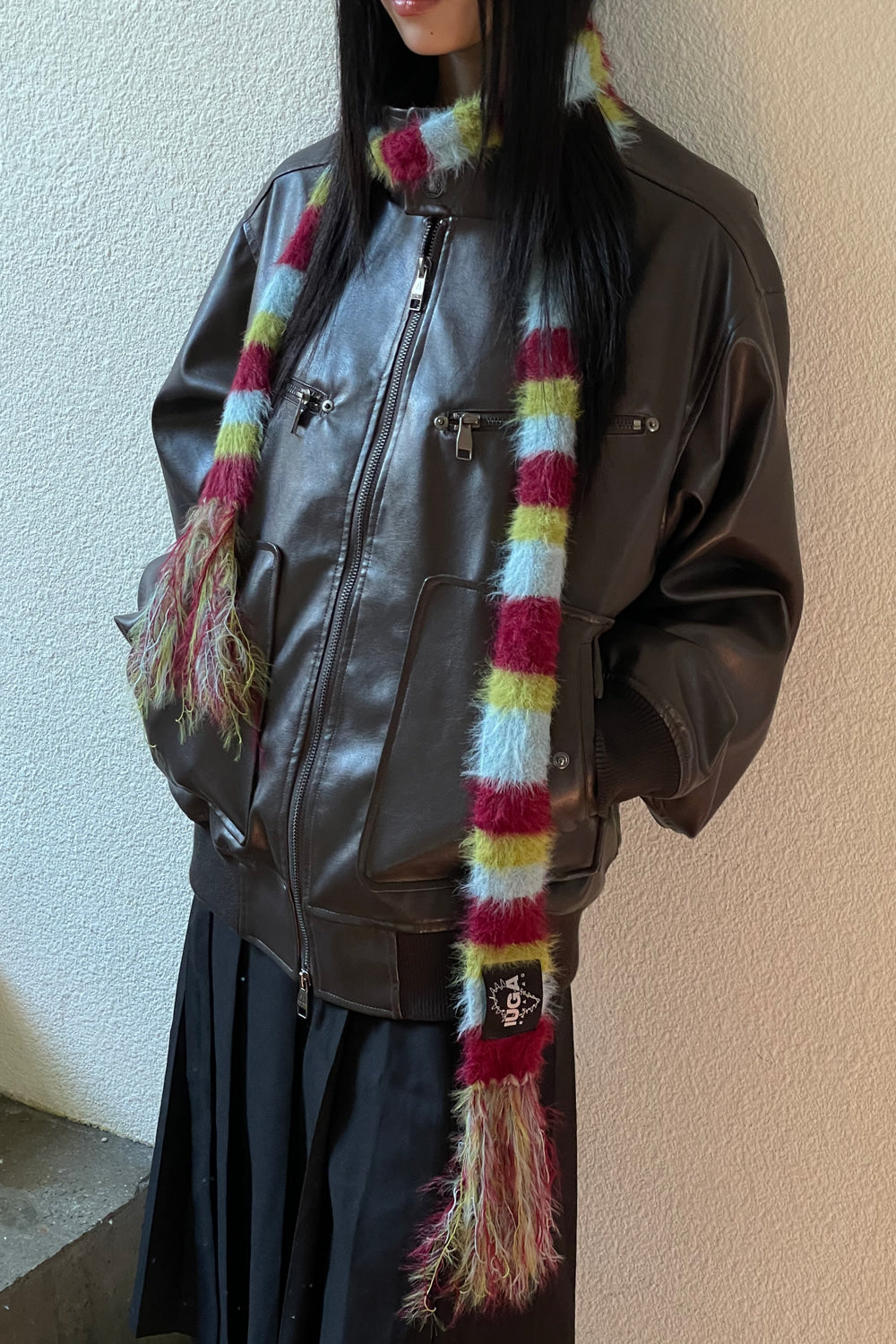 IUGA - Striped Hairy Skinny Muffler (Burgundy)