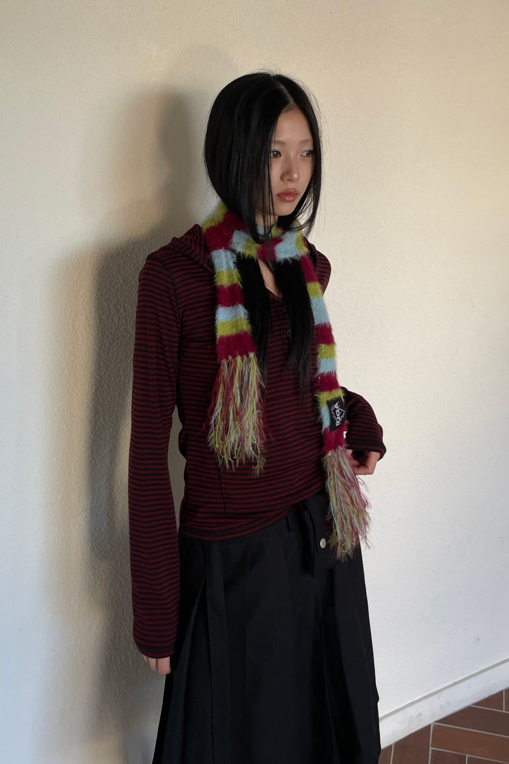 IUGA - Striped Hairy Skinny Muffler (Burgundy)