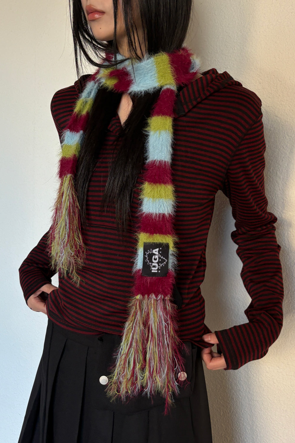 IUGA - Striped Hairy Skinny Muffler (Burgundy)