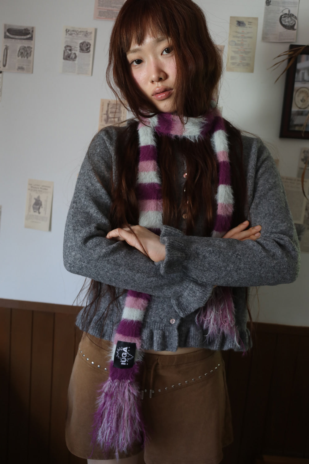 IUGA - Striped Hairy Skinny Muffler (Magenta)