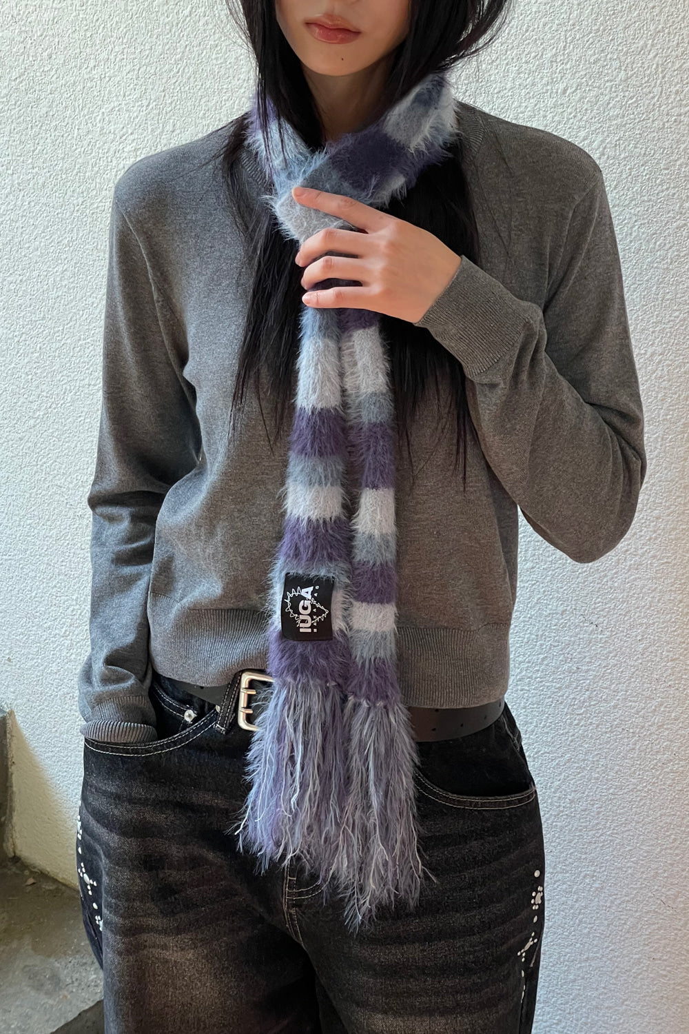 IUGA - Striped Hairy Skinny Muffler (Light Purple)