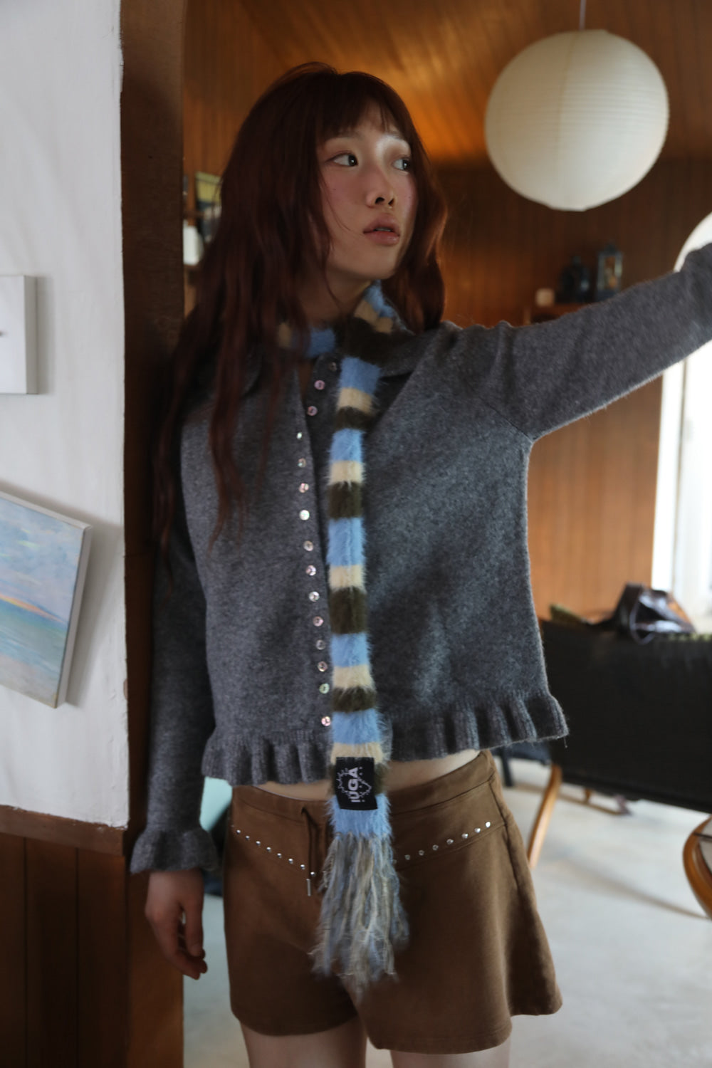 IUGA - Striped Hairy Skinny Muffler (Sky Blue)