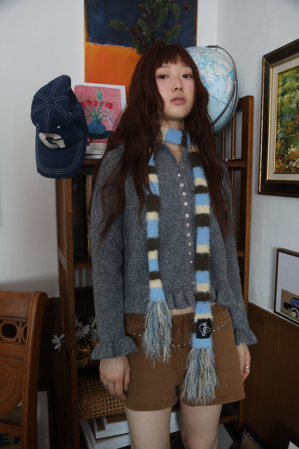 IUGA - Striped Hairy Skinny Muffler (Sky Blue)
