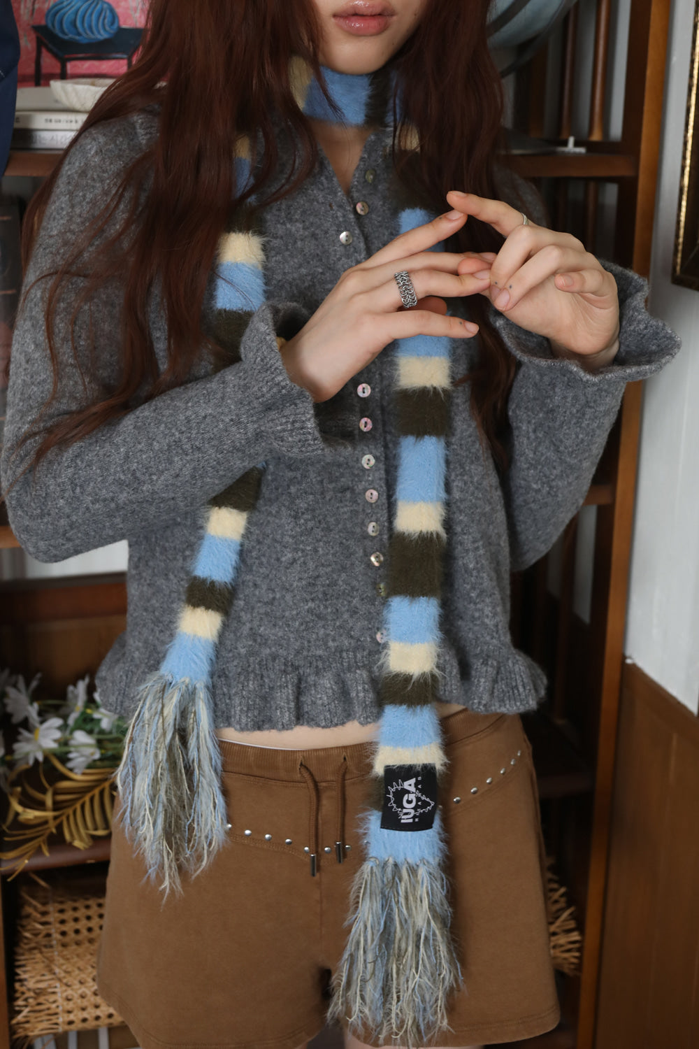 IUGA - Striped Hairy Skinny Muffler (Sky Blue)