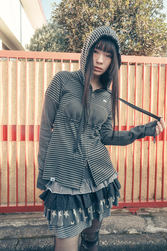 hugyourskin-Stripe babydoll hoodie zip-up (White Black / Charcoal )