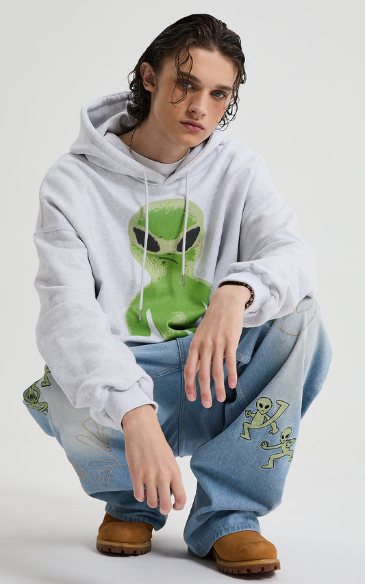 HOODHOOD - Alien graphic overfit hood melange white